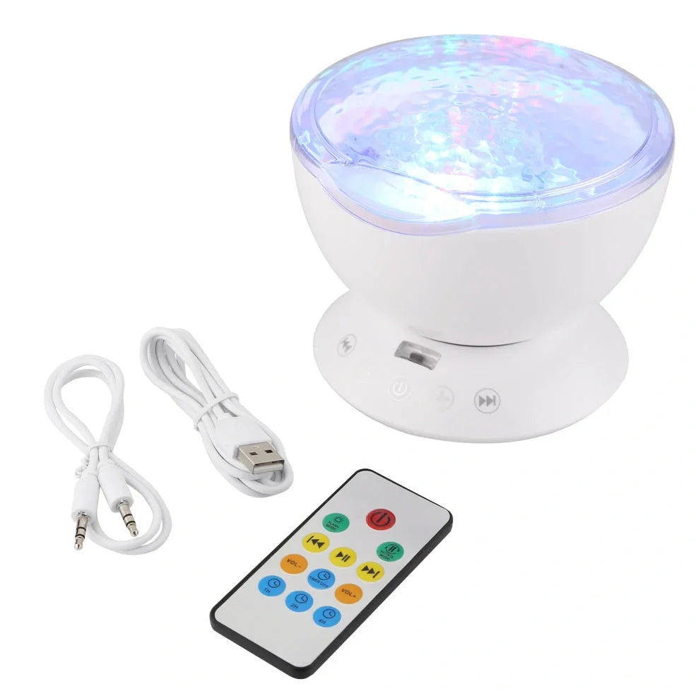 Ocean wave projector showing colourful LED light projection with remote control and adjustable 45-degree angle
