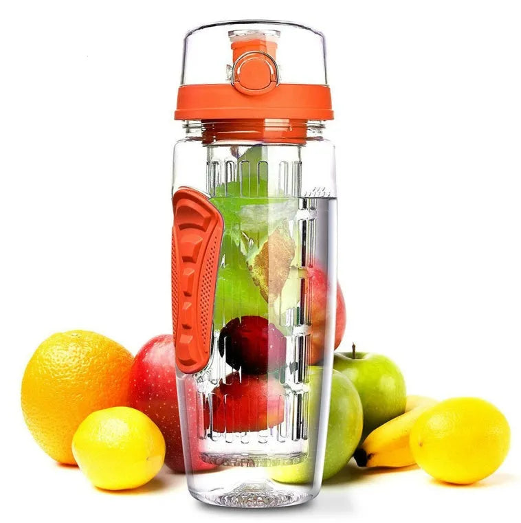 Black fruit infuser shaker bottle with removable transparent fruit holder, 900ml capacity.