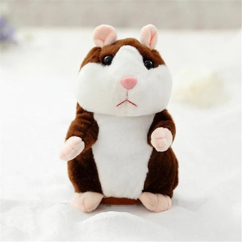 15cm talking hamster plush toy with repeat function in light brown, dark brown, and grey