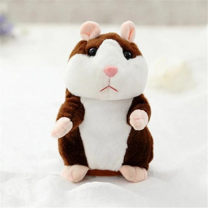 15cm talking hamster plush toy with repeat function in light brown, dark brown, and grey