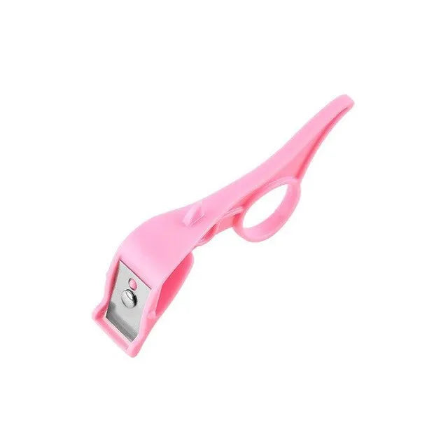 Multifunctional fruit peeler with finger ring grip and stainless steel blade in pink, blue, orange colours