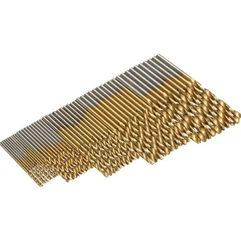 Fifty titanium gold coated high-speed steel twist drill bits laid out in a set