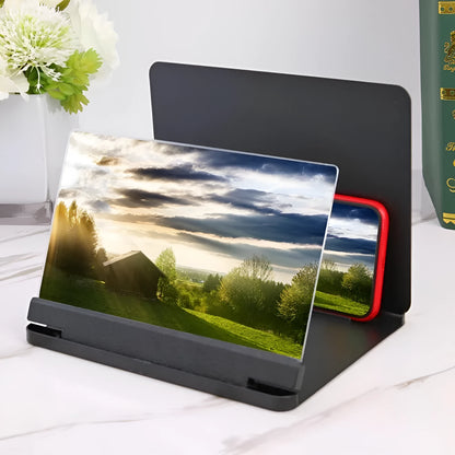 Black portable phone screen amplifier with 9 inch screen and integrated smartphone holder