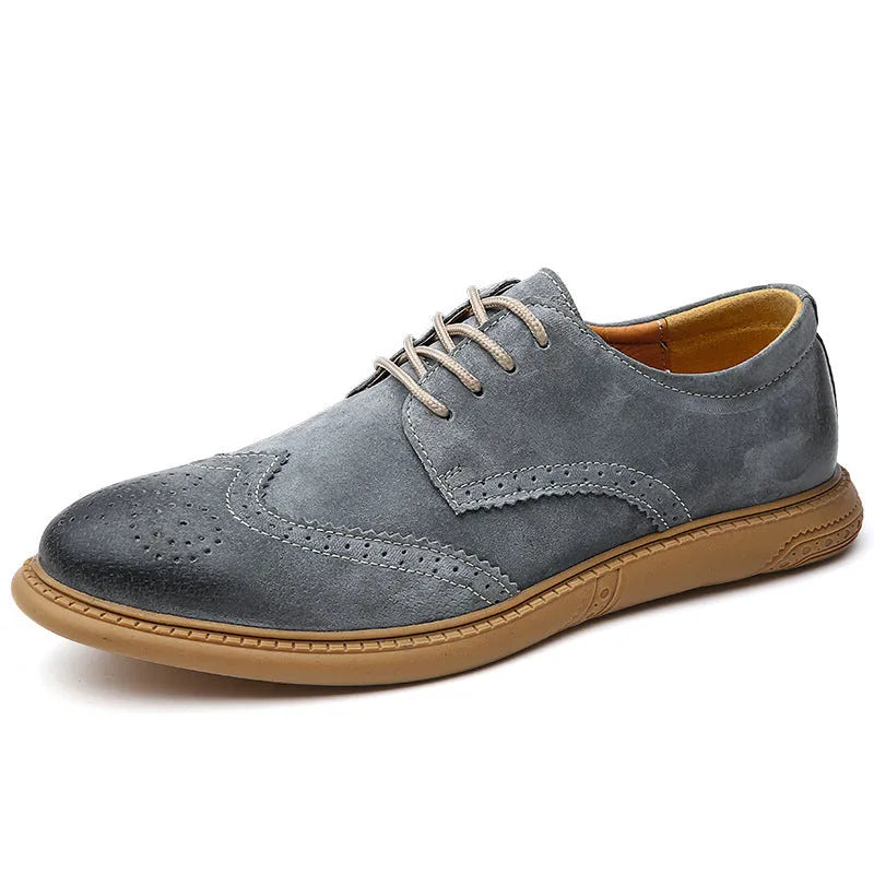 Men's black leather lace-up business shoes with a low top and rubber sole.