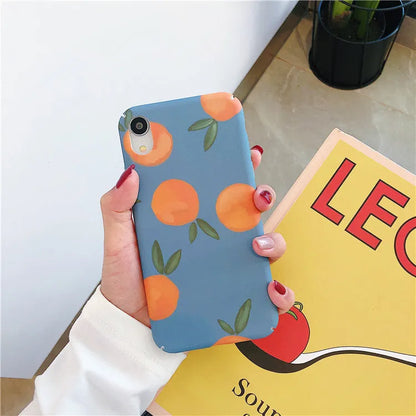 Orange plastic iPhone case with blue water pattern, retro back cover design.