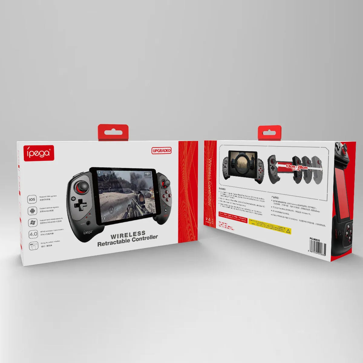 Red telescopic Bluetooth gamepad extended with smartphone mounted between controls