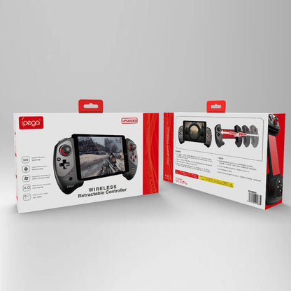 Red telescopic Bluetooth gamepad extended with smartphone mounted between controls