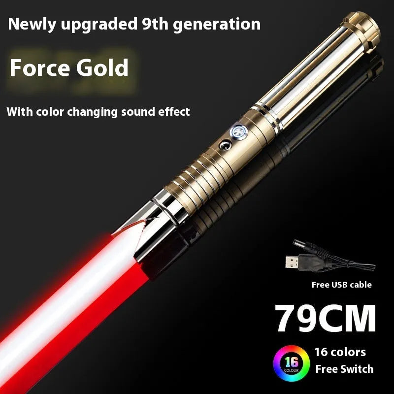 Metal rechargeable laser sword toy with gravity induction, 16 colour-changing lights, and 8 sound effects for children aged 7-14.