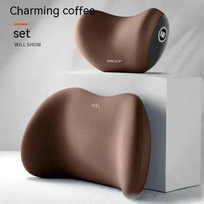 Car headrest pillow and lumbar support pillow set in a choice of five colours on a car seat.
