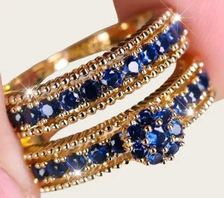 Gold geometric couple ring set with inlaid zircon stones, two-piece unisex design in sizes No 6 to No 10