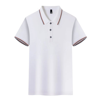 Solid colour Ice Silk polo shirt for work and casual wear in various colours on a hanger.