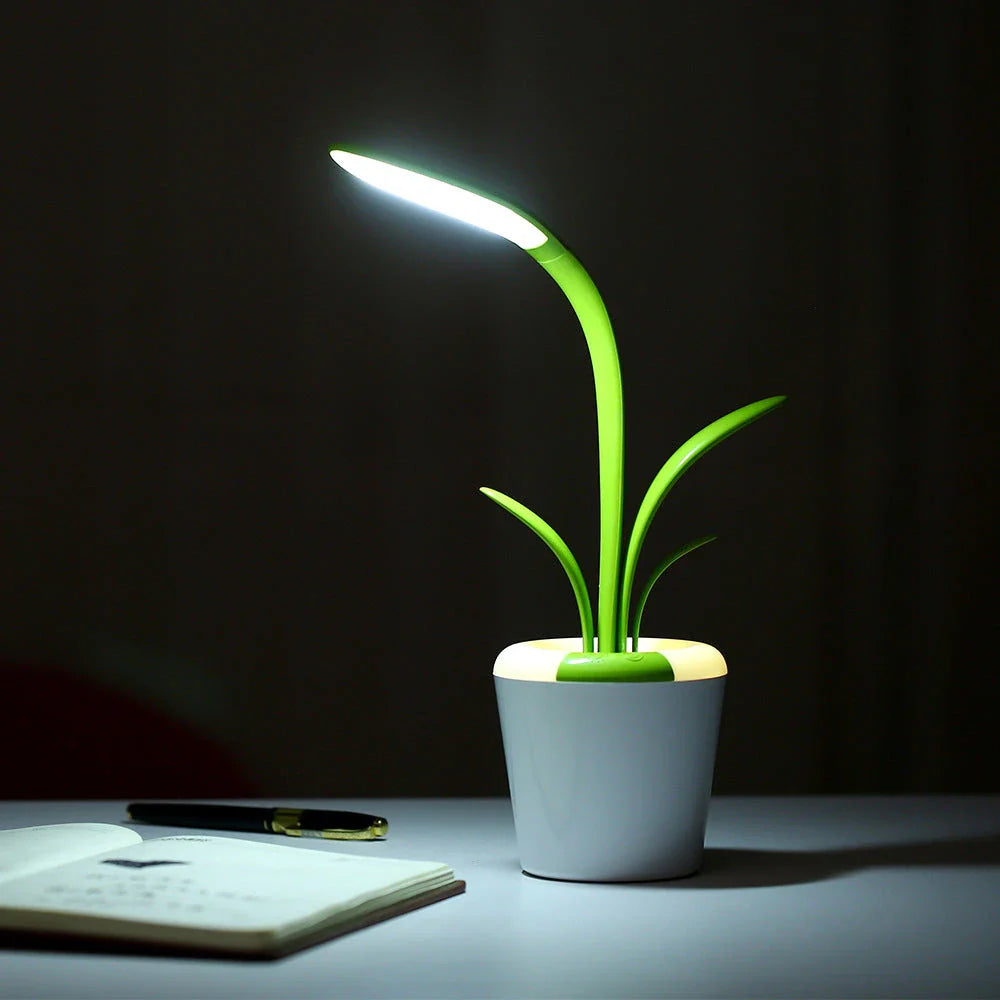 A stylish, plant-inspired LED desk lamp with three brightness levels and a rechargeable battery for cordless convenience