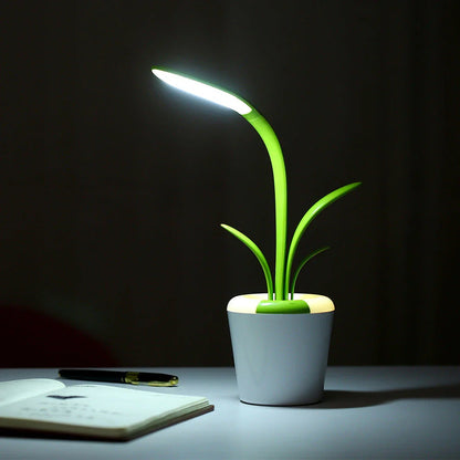 A stylish, plant-inspired LED desk lamp with three brightness levels and a rechargeable battery for cordless convenience
