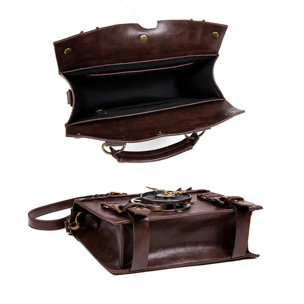 Bronze steampunk industrial retro shoulder bag with metal hardware on horizontal square pillow bag design