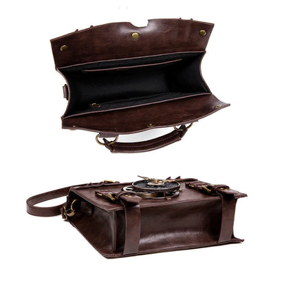 Bronze steampunk industrial retro shoulder bag with metal hardware on horizontal square pillow bag design