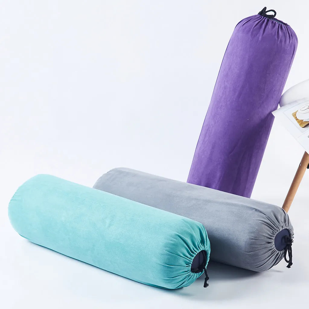 Cotton and linen yoga auxiliary pillow with cotton filling, shown in blue, green, grey, or purple for living room use