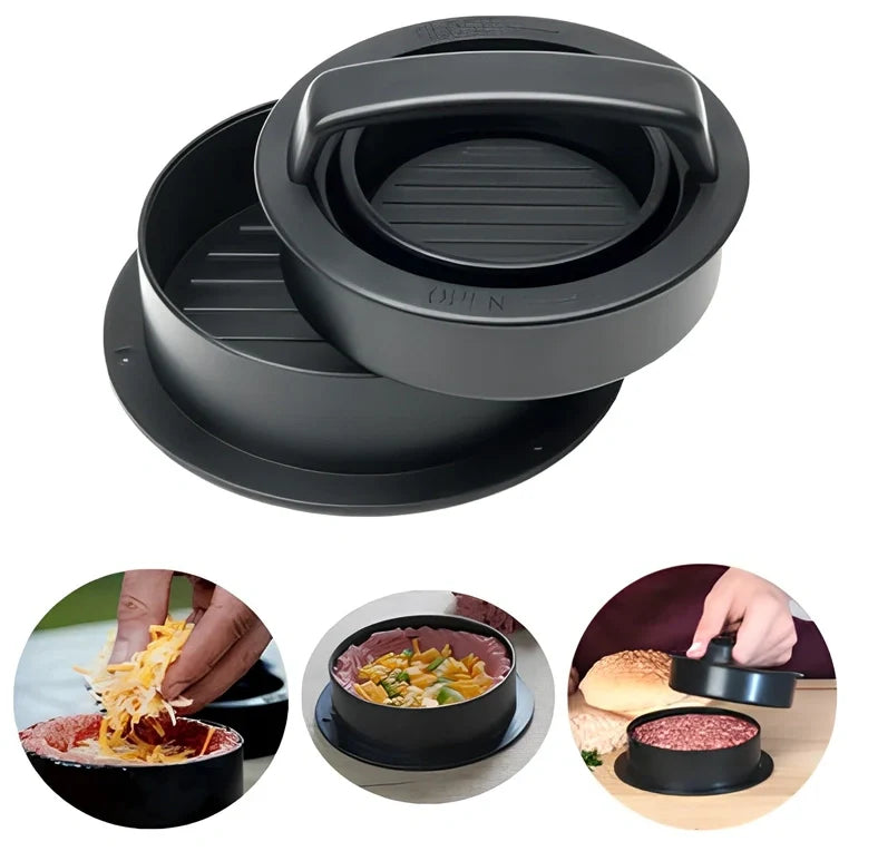 Square meat press with removable base creating uniform 12.5cm burger patties