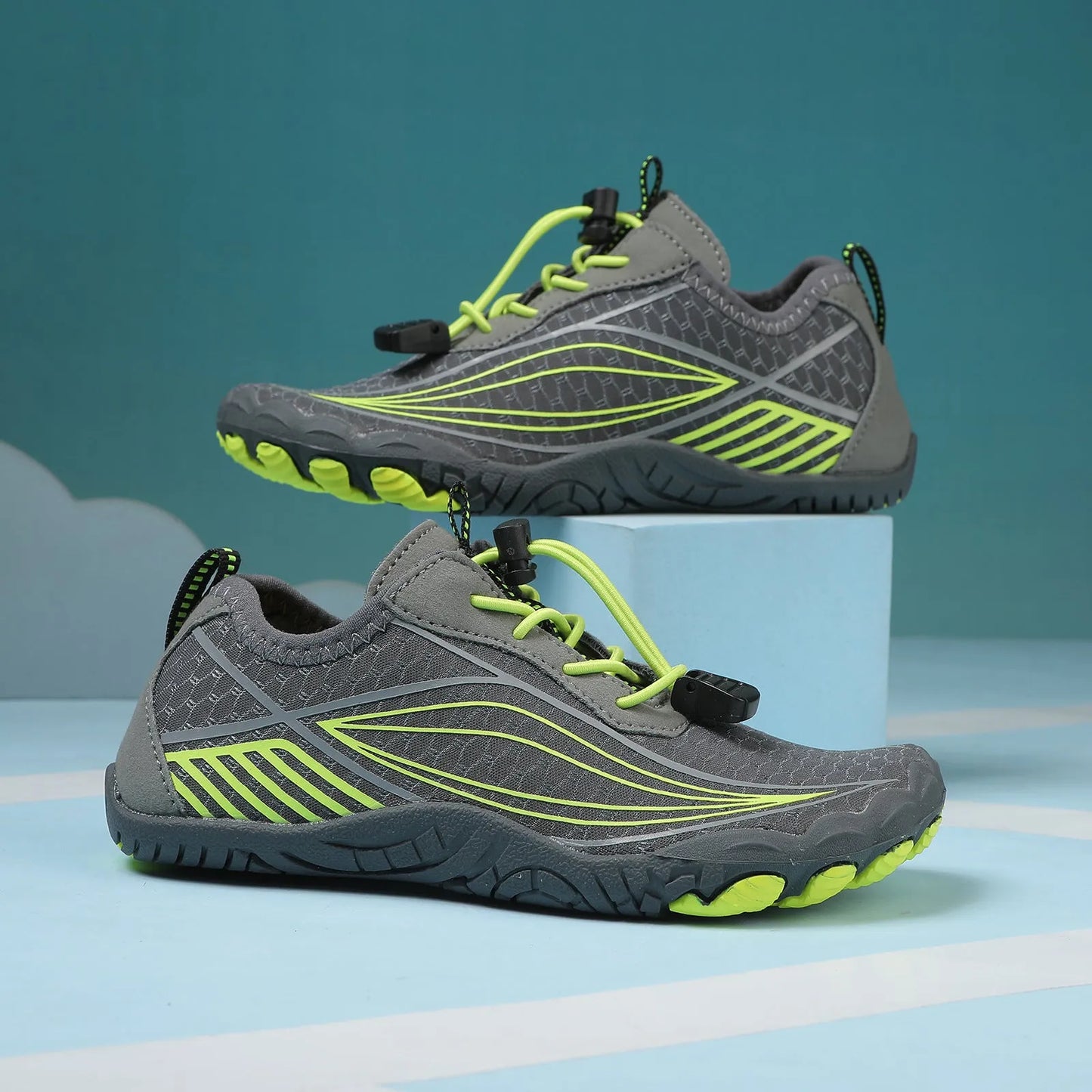 Children's wading swimming shoes with non-slip rubber sole in black, grey, pink, and blue colour options