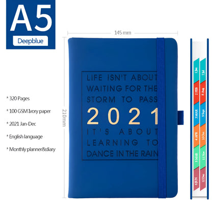 Daily planning clocking table calendar with imitation leather cover in blue, pink, red, yellow, or light blue.