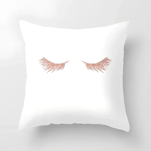 45cm square pink cushion cover with peach skin texture on sofa