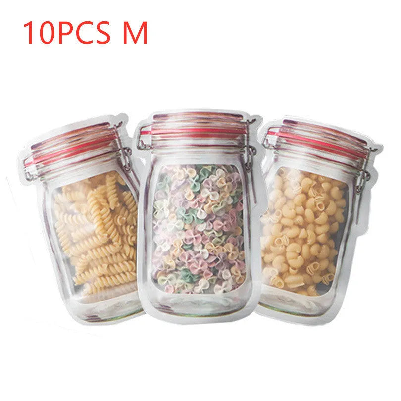 Red reusable self-sealing plastic bag for snacks with zipper closure, shown with biscuits.