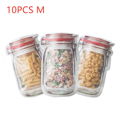 Red reusable self-sealing plastic bag for snacks with zipper closure, shown with biscuits.