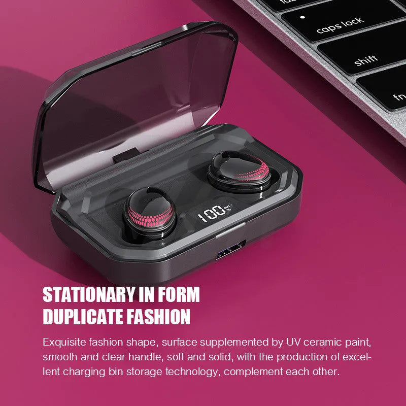 X10 Bluetooth Headset in black with charging bin, showing lightweight design and extended battery features