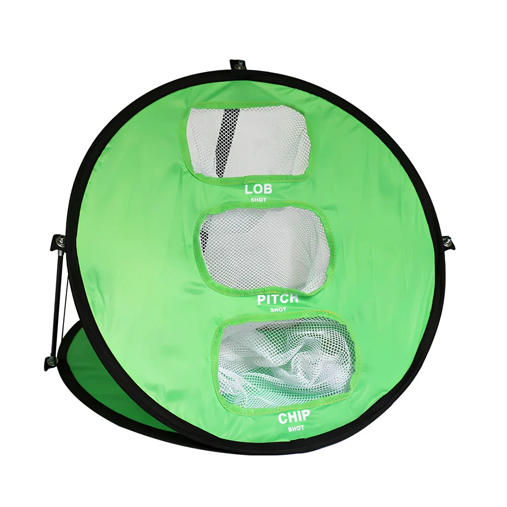 Green folding golf practice net measuring 57cm wide by 50cm high with fiberglass frame