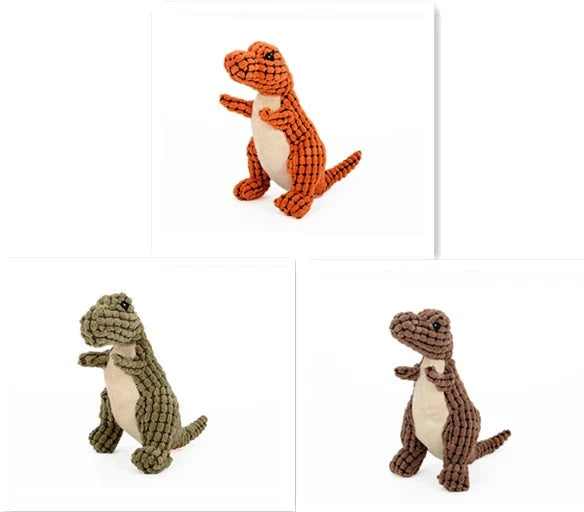Durable dinosaur-shaped dog toys made of corn velvet and plush filling, available in multiple colors and sizes for large and small pets