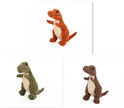 Durable dinosaur-shaped dog toys made of corn velvet and plush filling, available in multiple colors and sizes for large and small pets