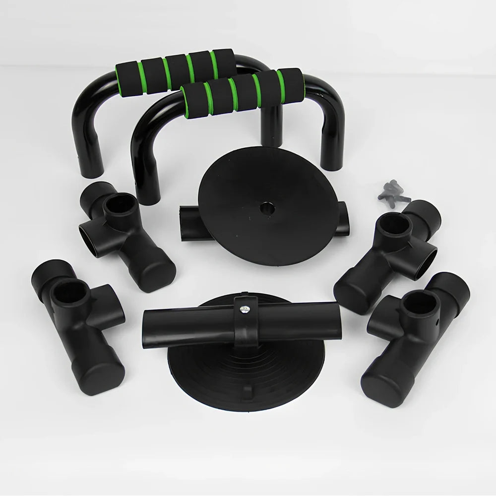 Green suction cup push-up bracket with electroplated steel frame and foam grips, supporting 300kg for chest training on floors
