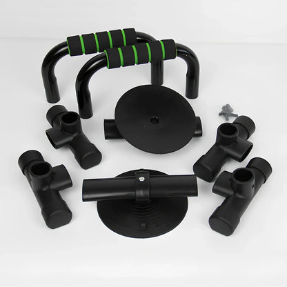 Green suction cup push-up bracket with electroplated steel frame and foam grips, supporting 300kg for chest training on floors