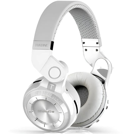 Blue String T2 Smart Edition 4.1 black and white over-ear Bluetooth headphones with folding metal headband.