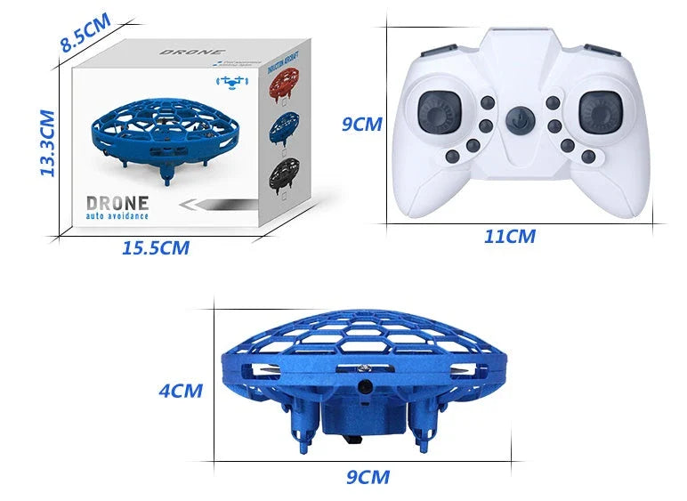 Futuristic mini drone helicopter with UFO-inspired design, automatic obstacle detection, and intuitive controls