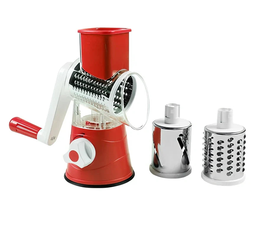 Hand drum rotary grater with stainless steel blades for vegetable preparation