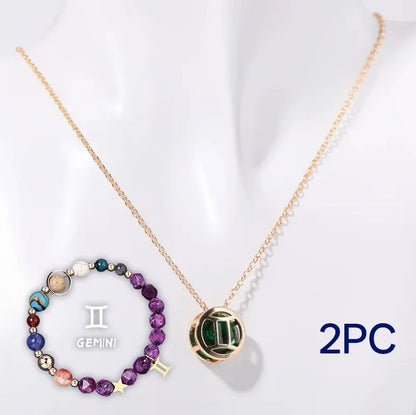 Natural stone bead necklace and matching bracelet set showing varied gemstone colours and textures.