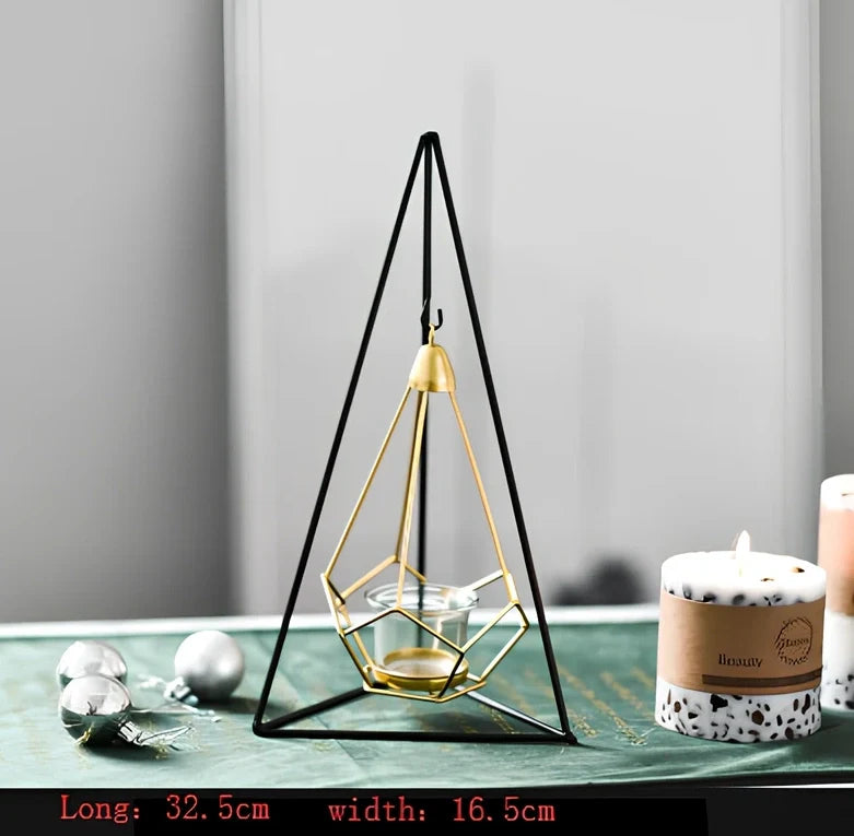 Geometric wrought iron candle holder with angular design, 25cm height and 15cm base diameter