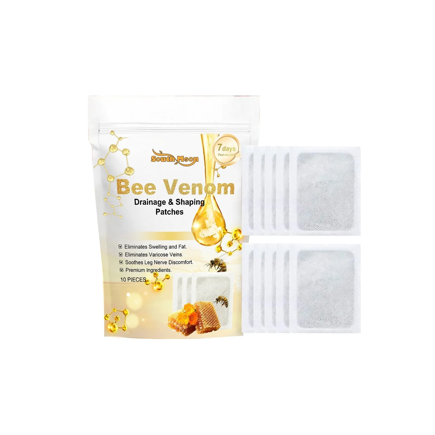 Pack of ten white bee venom and mugwort slimming foot care patches on blue background
