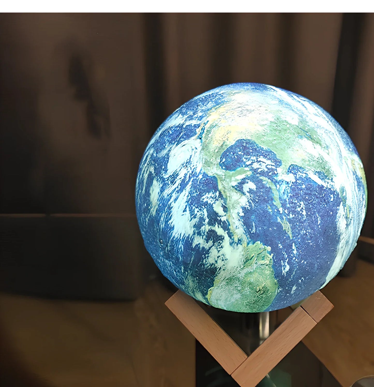 3D printed Earth lamp showing mountain details on 15cm spherical night light with LED illumination