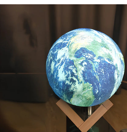 3D printed Earth lamp showing mountain details on 15cm spherical night light with LED illumination