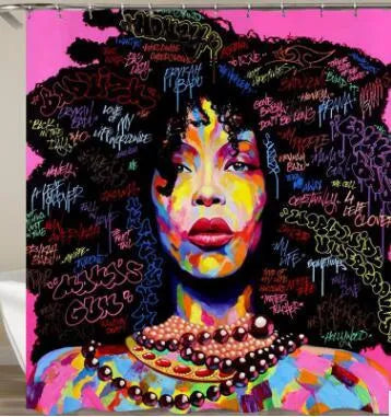 Waterproof polyester shower curtain with 3D print of African American girl with blue afro hair