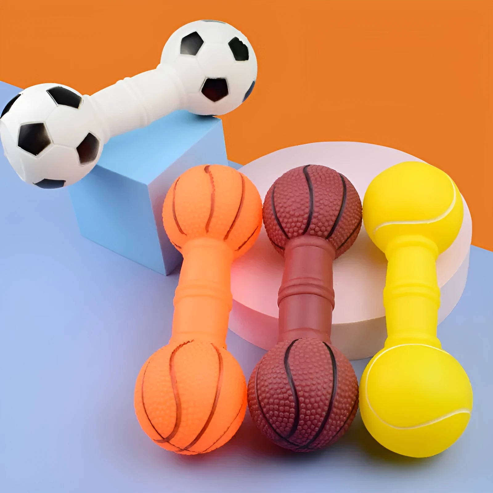 Non-toxic PVC football dumbbell shaped squeaky dog chew toy in brown, orange, white, or yellow.