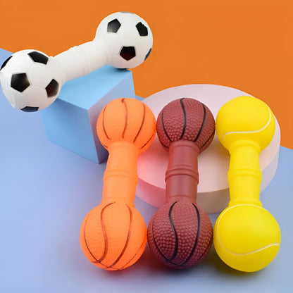 Non-toxic PVC football dumbbell shaped squeaky dog chew toy in brown, orange, white, or yellow.