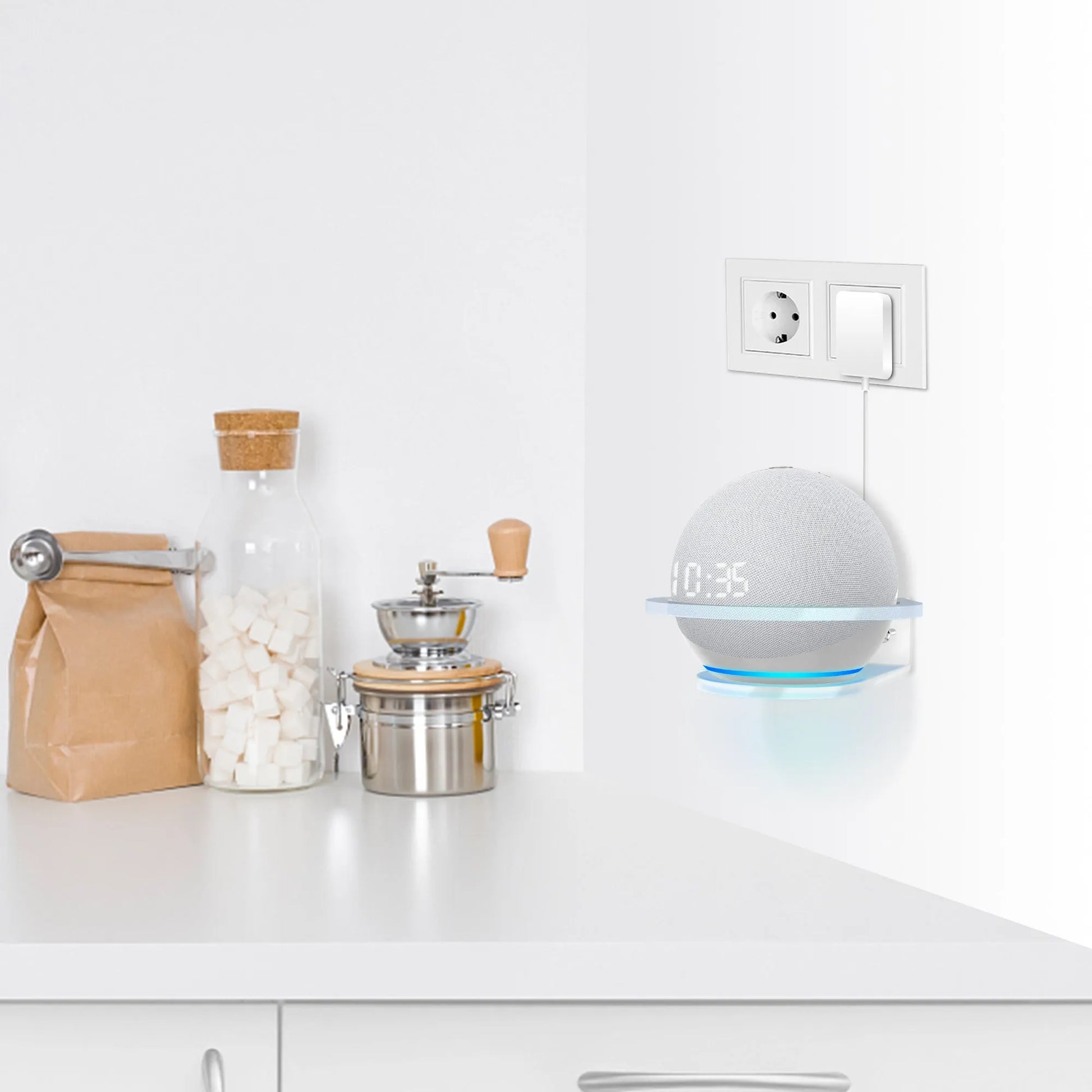White plastic wall mounting bracket for an Amazon Echo DOT 4 smart speaker.