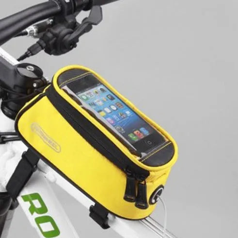 ROSWHEEL bicycle frame bag holder in black blue colour, showing iPhone compatibility and size options