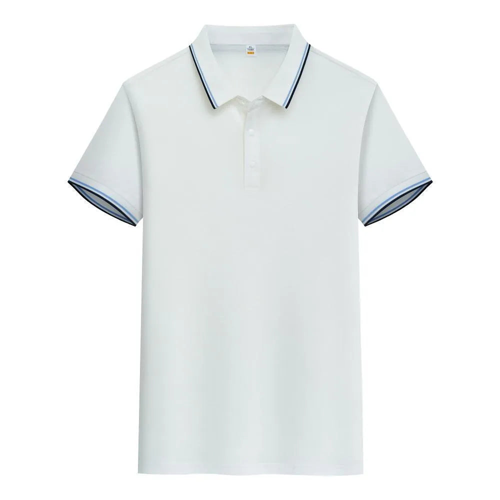Men's pure cotton short sleeve polo shirt with lapels in a range of colours on a hanger.