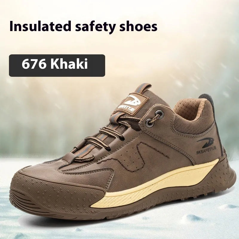 Flyknit work safety shoes with leather upper and rubber sole in multiple colour options