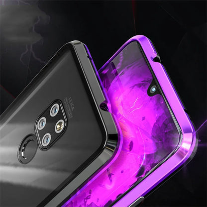 Magnetic phone case with metal frame and 9H tempered glass back in black, blue, red, or white for Honor and Huawei phones