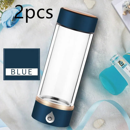 Portable hydrogen water ionizer bottle with high borosilicate glass cup in silver finish.