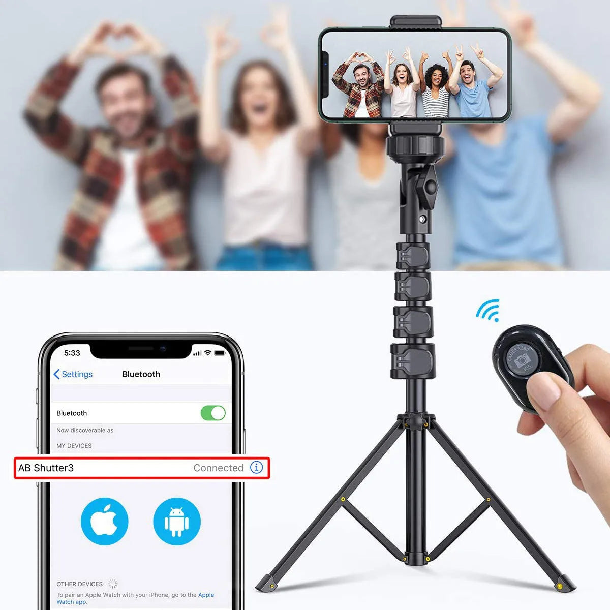 Black aluminium alloy selfie stick tripod compatible with iPhone smartphones
